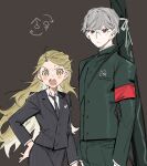  1boy 1girl armband blonde_hair blush_stickers brown_background collared_shirt commentary_request danganronpa_(series) danganronpa_2:_goodbye_despair expressionless freckles gakuran genderswap genderswap_(ftm) genderswap_(mtf) glasses grey_hair hand_on_own_hip highres kuzuryu_fuyuhiko long_hair long_sleeves looking_at_viewer mole mole_under_mouth necktie nezu_(astarear) open_mouth pekoyama_peko red_eyes school_uniform shirt short_hair striped_suit suit very_long_hair weapon_case yellow_eyes 