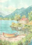  boat building commentary_request day forest highres hill house lake landscape mountainous_horizon nature no_humans original outdoors painting_(medium) paruperu reflection reflective_water scenery sky traditional_media water watercolor_(medium) watercraft 