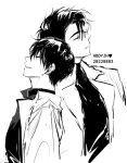  2boys black_hair black_shirt closed_eyes coat commentary crew_neck curtained_hair english_commentary greyscale happy_birthday head_on_head head_rest highres kim_dokja male_focus monochrome multiple_boys omniscient_reader&#039;s_viewpoint open_clothes open_coat popped_collar rhyme1863 shirt short_hair smile upper_body yaoi yoo_joonghyuk 