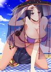  all_fours arm_up armlet armpits bare_arms bare_shoulders beach belt bikini bima_rahmaa black_eyes black_hair blue_sky blush breasts choker cleavage closed_mouth cloud cloudy_sky collarbone commentary_request day eyebrows_visible_through_hair eyepatch_bikini eyes_visible_through_hair fate/grand_order fate_(series) half-closed_eyes highres horizon huge_breasts ichimegasa long_hair looking_at_viewer minamoto_no_raikou_(fate/grand_order) minamoto_no_raikou_(swimsuit_lancer)_(fate) multi-strapped_bikini ocean outdoors purple_bikini see-through see-through_silhouette side-tie_bikini sky smile solo summer swimsuit very_long_hair 