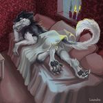  bed blue_eyes bran_the_sergal candle covering hindpaw leundra looking_at_viewer looking_back male paws sergal smile smoke solo victorian 