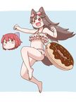  :d animal_ears bangs bare_arms bare_legs bare_shoulders barefoot bikini blue_background blush_stickers bow brown_hair child clenched_hands commentary disembodied_head dot_nose doughnut_innertube eyebrows_visible_through_hair frilled_bikini frills goggles goggles_on_head hair_bow highres imaizumi_kagerou innertube jumping long_hair looking_afar looking_at_another looking_to_the_side multiple_girls navel open_mouth pink_bikini poronegi red_hair sekibanki short_hair simple_background smile swimsuit tail touhou v-shaped_eyebrows wolf_ears wolf_girl wolf_tail younger 
