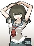  1girl ahoge arm_over_head bare_arms blue_skirt breasts brown_eyes brown_hair collarbone commentary_request danganronpa dated eyebrows_visible_through_hair hair_between_eyes looking_at_viewer medium_breasts naegi_komaru necktie open_mouth pleated_skirt red_neckwear ryuukotsu school_uniform serafuku shirt short_hair short_sleeves simple_background skirt solo upper_body white_shirt zettai_zetsubou_shoujo 