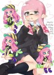  2girls baseball_cap black_cardigan black_shirt black_shoes black_skirt black_socks blue_eyes blue_shoes blunt_ends bow bowtie bracelet cardigan commentary dated dress_shirt english_text green_skirt grey_eyes happy_birthday harmony_(splatoon) hat heart highres inkling_girl inkling_player_character jewelry loafers long_hair miniskirt multiple_girls multiple_views penguin_maru_(penginmaru) pink_hair pleated_skirt pointy_ears school_uniform shirt shoes sitting skirt socks splatoon_(series) squid_pose symbol-only_commentary t-shirt tentacle_hair very_long_hair wariza white_shirt wing_collar yellow_hat 