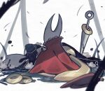  antennae arthropod_girl bag bare_shoulders beads black_skin blood bracelet cloak colored_skin death from_behind gold_bracelet hollow_knight hollow_knight:_silksong horned_mask hornet_(hollow_knight) jewelry mask momoiiroo needle_(hollow_knight) red_cloak shakra_(hollow_knight) simple_background white_mask 