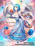  1girl angel angel_wings blue_flower blue_hair blue_shoes breasts cleavage closed_mouth copyright_notice dress flower frilled_dress frills high_heels hokuyuu holding holding_scissors holding_yarn large_breasts looking_at_viewer moira_(nijisanji) nijisanji official_alternate_costume official_art red_eyes scissors shoes short_hair solo white_dress wings wixoss yarn 