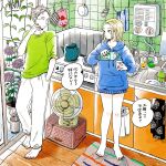  1boy 1girl barefoot blonde_hair blue_hoodie blush brown_nails cabinet chopsticks cigarette closed_mouth collarbone colored_skin commentary crate cup daruma_doll egg_carton emamemamo33 fingernails flower food full_body green_shirt grey_hair hand_in_pocket highres holding holding_cigarette holding_cup hood hoodie kettle kitchen long_sleeves looking_at_another milk_carton nail_polish no_pants original oven_mitts pants paper_towel paper_towel_holder pig pink_lips pot-holder rug shirt sink slice_of_life smoking soap speech_bubble spoon stove sweater sweatpants t-shirt talking tile_wall tiles toenails towel traditional_media veranda water_heater white_skin wooden_floor 