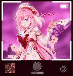  1girl ;) battery_indicator beret breasts cleavage commentary dress earrings eden_(honkai_impact) elf elysia_(hi_love_elf)_(honkai_impact) elysia_(honkai_impact) english_commentary fake_phone_screenshot fake_screenshot gloves hat heart heart_earrings highres holding holding_letter honkai_(series) honkai_impact_3rd jewelry large_breasts letter long_hair multicolored_dress multicolored_hair one_eye_closed pink_dress pink_gloves pink_hair pointy_ears purple_eyes purple_sky red_dress satyharvenheit selfie sky smile solo twitter_username two-tone_hair very_long_hair white_dress white_hair 