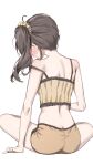  1girl absurdres ahoge ass back backboob bare_arms bare_shoulders blush breasts brown_hair butt_crack camisole commentary crop_top dolphin_shorts frilled_camisole frills from_behind hair_ornament hair_scrunchie highres hololive long_hair median_furrow micro_shorts midriff nape natsuiro_matsuri natsuiro_matsuri_(matsuri's_day_off) on_bed orange_shorts profile scarlet_(wv0102) scrunchie shorts shoulder_blades simple_background single_off_shoulder sitting solo spread_legs strap_slip sweatdrop symbol-only_commentary taut_clothes taut_shorts turning_head virtual_youtuber white_background yellow_camisole yellow_scrunchie 