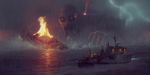  arm_up boat commentary fire flare_gun from_behind giant highres holding lightning md5_mismatch monster night original outdoors rain raincoat resized ship sinking standing upscaled water watercraft weihao_wei 