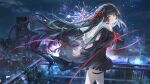  aerial_fireworks arm_cutout arms_behind_back black_choker black_hair black_jacket black_shirt black_skirt breasts chisa_(wuthering_waves) choker clothing_cutout commentary ergouzi_echo fireworks from_side hair_ribbon highres jacket long_hair long_sleeves looking_at_viewer looking_to_the_side medium_breasts neckerchief night outdoors red_eyes red_neckerchief red_ribbon ribbon sailor_collar shirt skirt thigh_strap very_long_hair white_sailor_collar wuthering_waves 