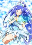  bangle blue_dress blue_eyes blue_hair blush bracelet choker cure_diamond diamond_hands dokidoki!_precure dress hishikawa_rikka jewelry long_hair looking_at_viewer magical_girl one_eye_closed ponytail precure smile solo sparkle_background tiara very_long_hair yuto_(dialique) 