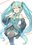  ;d aqua_eyes aqua_hair aqua_neckwear bangs black_footwear black_skirt blush boots breast_pocket closed_mouth collared_shirt commentary_request detached_sleeves grey_shirt hajime_kaname hand_on_hip hand_on_own_chest hand_up hatsune_miku headphones headset highres knee_up long_hair looking_at_viewer necktie one_eye_closed open_mouth pleated_skirt pocket shirt shoulder_tattoo skirt sleeveless sleeveless_shirt smile solo standing standing_on_one_leg tattoo thigh_boots thighhighs twintails very_long_hair vocaloid zettai_ryouiki 