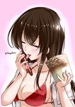  akagi_(kantai_collection) blush breasts brown_hair cleavage closed_eyes commentary_request haagen-dazs ice_cream_cup kantai_collection large_breasts lid long_hair mikage_takashi open_clothes open_mouth open_shirt red_bikini_top sexually_suggestive shirt smile solo tongue tongue_out twitter_username upper_body 