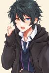  1boy black_jacket blue_eyes blue_necktie collared_shirt commentary_request ensemble_stars! hair_between_eyes hand_up heterochromia highres hood hood_down hooded_jacket jacket kagehira_mika koyagi_(cygmilk) layered_clothes male_focus necktie notice_lines open_mouth orange_eyes outstretched_hand shirt short_hair simple_background sleeves_past_wrists solo teeth upper_body v-neck vest yellow_background 
