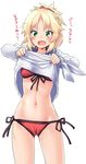  bikini blonde_hair braid cameltoe cowboy_shot fang fate/apocrypha fate/grand_order fate_(series) french_braid front-tie_top green_eyes hair_ornament hair_scrunchie looking_at_viewer lowleg lowleg_bikini mordred_(fate)_(all) mordred_(swimsuit_rider)_(fate) mozu_(peth) navel red_bikini red_scrunchie scrunchie shirt shirt_lift short_hair side-tie_bikini simple_background swimsuit they're_not_panties translated undressing white_background white_shirt 