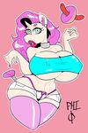  2017 anthro bimbofication bimbofied breasts cleavage clothed clothing collar colored_nails equine fan_character hair horn legwear lipstick makeup mammal my_little_pony nipple_bulfe piercing pink_hair rubber scarfyace_(artist) shorts solo stockings tail_wraps thick_lips unicorn wide_hips wraps 