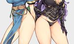  armor ass-to-ass breasts camilla_(fire_emblem_if) china_dress chinese_clothes cleavage commentary dress fire_emblem fire_emblem:_rekka_no_ken fire_emblem_heroes fire_emblem_if gebyy-terar highres large_breasts long_hair long_sleeves lyndis_(fire_emblem) multiple_girls no_panties panties pelvic_curtain purple_hair sash short_sleeves simple_background standing thighs underwear vambraces white_background 