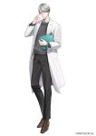  1boy adjusting_eyewear aqua_socks black_pants brown_eyes brown_shoes buttons closed_mouth coat collared_shirt copyright_notice full_body glasses grey-framed_eyewear grey_hair grey_sweater highres hitotsubashi_ayato hitotsubashi_ayato_(1st_costume) holding_board id_card lab_coat lapels long_sleeves looking_at_viewer male_focus nijisanji official_art open_clothes open_coat pants riz3 shirt shoes short_hair simple_background socks solo standing striped_clothes striped_socks sweater undercut virtual_youtuber watch white_background white_coat white_shirt wristwatch 