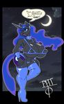  2017 anthro anthrofied big_breasts bimbofication blue_eyes blue_hair boots breasts clothing collar colored_nails cutie_mark dialogue english_text equine eyeshadow fangs female footwear friendship_is_magic hair high_heels horn licking licking_lips lipstick makeup mammal moon my_little_pony night nightmare_moon_(mlp) nipple_piercing nipples panties piercing scarfyace_(artist) shoes slit_pupils solo star text thick_lips thong tongue tongue_out underwear unicorn wide_hips 