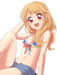  :d aikatsu! aikatsu!_(series) bangs bare_arms bare_shoulders bikini bikini_under_clothes blonde_hair blush breasts commentary denim denim_shorts eyebrows_visible_through_hair feet_out_of_frame floral_print hand_in_hair highres knee_up long_hair looking_at_viewer multicolored multicolored_eyes natsuki_mikuru navel open_mouth purple_eyes red_eyes sekina short_shorts shorts simple_background sitting small_breasts smile solo swimsuit wet white_background 