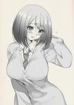  bangs blush breasts frown greyscale hana-kagume large_breasts looking_at_viewer loose_necktie medium_hair monochrome necktie saki school_uniform simple_background sleeves_past_wrists solo sweater unozawa_shiori upper_body 