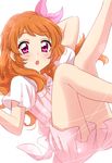  :o aikatsu! aikatsu!_(series) bangs bare_legs blush bow commentary dress eyebrows_visible_through_hair feet_out_of_frame hair_bow highres legs_up long_hair looking_at_viewer oozora_akari orange_hair parted_lips pink_bow pink_dress pink_eyes sekina short_sleeves simple_background solo tied_hair white_background 