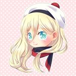  beret blonde_hair blue_eyes blush closed_mouth commentary_request eyebrows_visible_through_hair hair_between_eyes hat head_only kantai_collection long_hair looking_at_viewer mamiya_aira mole mole_under_eye pink_background polka_dot polka_dot_background richelieu_(kantai_collection) scarf smile solo 