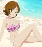  beach big_breasts bikini breasts brown_hair girl pink_bikini sawabe_tsubaki shigatsu_wa_kimi_no_uso short_hair sitting 