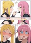  2girls absurdres bare_shoulders blonde_hair blue_eyes blush bocchi_the_rock! brown_eyes gotoh_hitori highres ijichi_nijika long_hair looking_at_another looking_at_viewer multiple_girls open_mouth pink_hair seisyuntarotto side_ponytail white_background 