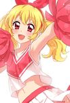  aikatsu! aikatsu!_(series) armpits bangs blonde_hair blush bow breasts cheerleader commentary eyebrows_visible_through_hair hair_bow highres hoshimiya_ichigo looking_at_viewer midriff navel open_mouth pink_eyes pleated_skirt pom_pom_(clothes) red_bow red_shirt sekina shirt simple_background skirt small_breasts smile solo standing twintails upper_body white_background white_skirt 
