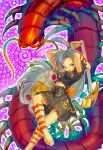  1girl :d absurdres arms_behind_head arms_up back_bow barefoot black_shirt black_skirt blue_eyes blush bow breasts bug centipede commentary_request danmaku diyouyou fang foot_out_of_frame giant_insect gold grey_hair hands_up highres himemushi_momoyo holding holding_pickaxe holding_shovel holding_tool knees long_hair medium_breasts midriff_peek open_mouth orange_bow orange_ribbon pickaxe purple_background ribbon see-through_clothes see-through_shirt see-through_skirt shirt short_sleeves shovel skirt smile solo thighs toenails toes touhou 