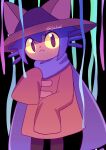  1other :< androgynous animal_hat black_background brown_coat brown_eyes brown_hat cat_hat child closed_mouth coat colored_sclera cowboy_shot dot_nose hat highres ja6m6 long_sleeves looking_at_viewer medium_hair niko_(oneshot) oneshot_(game) other_focus purple_hair purple_scarf scarf sleeves_past_fingers sleeves_past_wrists solo streamers twitter_username yellow_sclera 