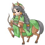  1girl :3 animal_ears black_eyes black_hair blush bow_(weapon) braid centaur closed_mouth commentary_request full_body fur_collar green_hat green_robe hair_ribbon hat holding holding_bow_(weapon) holding_weapon hooves horse_ears horse_tail long_hair long_sleeves looking_at_viewer low-tied_long_hair monster_girl mr_kunimitsu multiple_legs original parted_bangs ribbon robe sidelocks simple_background single_braid smile solo standing standing_on_three_legs tachi-e tail taur tress_ribbon very_long_hair weapon white_background 