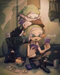  1boy 1girl artist_name black_boots boots can card cigarette commentary drink_can earrings eyebrow_cut green_hair highres holding holding_card holding_cigarette indoors inkling inkling_boy inkling_girl inkling_player_character jewelry medium_hair open_mouth pointy_ears sitting smallfry_(splatoon) smoke soda_can spa_hue splatoon_(series) splatoon_3 symbol-only_commentary tentacle_hair twitter_username watermark 
