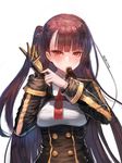  absurdres blush brown_hair catbii closed_mouth commentary_request eyebrows_visible_through_hair girls_frontline gloves hair_ribbon head_tilt highres long_hair long_sleeves looking_at_viewer mole mole_under_eye mouth_hold necktie one_side_up purple_hair red_eyes red_neckwear red_ribbon ribbon shirt sketch solo twitter_username upper_body very_long_hair wa2000_(girls_frontline) white_background white_shirt 