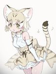  animal_ears bangs bare_shoulders blonde_hair bow bowtie cat_ears cat_tail cowboy_shot elbow_gloves eyebrows_visible_through_hair gloves hana-kagume kemono_friends looking_at_viewer multicolored_hair sand_cat_(kemono_friends) sand_cat_print shirt short_hair simple_background skirt sleeveless sleeveless_shirt solo striped_tail tail white_background yellow_eyes 