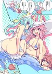  :d ahoge animal_ear_fluff animal_ears ass bare_shoulders bikini blue_innertube bow breasts brown_eyes brown_hair butt_crack chibi cleavage comic commentary falling fang fate/extra fate/grand_order fate_(series) fox_ears fox_tail fujimaru_ritsuka_(female) green_hair hair_between_eyes hair_bow hat highres horns innertube kiyohime_(fate/grand_order) kiyohime_(swimsuit_lancer)_(fate) large_breasts long_hair looking_at_viewer looking_back multiple_girls multiple_horns navel open_mouth parted_lips pink_hair ponytail short_hair side_ponytail smile swimsuit tail tamamo_(fate)_(all) tamamo_no_mae_(fate) translated water wisespeak 