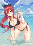  beach bikini blush breasts brown_eyes cleavage day erza_scarlet fairy_tail highres large_breasts long_hair looking_at_viewer nipples ponytail red_hair smile solo swimsuit xsorax812 