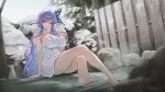  1girl 4meart0112 absurdres arm_support bare_shoulders blurry blush bottle breasts butterfly_hair_ornament cleavage collarbone commentary_request crossed_legs cup depth_of_field dutch_angle gradient_hair grey_sky hair_ornament hair_stick hand_on_own_chest hand_up head_tilt highres korean_commentary large_breasts legs looking_at_viewer mole mole_under_eye multicolored_hair naked_towel onsen outdoors parted_lips purple_eyes purple_hair rock shirai_kyoka sitting sky smile snow snowing soaking_feet solo steam thighs towel tree verita virtual_youtuber water wet wooden_wall 