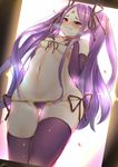  1boy 1girl bikini black_gloves black_legwear blush bow bow_bikini breasts closed_mouth collarbone elbow_gloves fate/grand_order fate_(series) gloves hair_ribbon heavy_breathing long_hair looking_at_viewer micro_bikini midriff navel purple_eyes purple_hair ribbon standing standinglooking_at_viewer stomach swimsuit te_wii_(teii0205) thighhighs twintails wu_zetian_(fate/grand_order) 