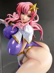  1girl arched_back ass bent_over blue_eyes blush bouncing_breasts breasts curvy dutch_angle erect_nipples eyebrows_visible_through_hair female figure gloves gundam gundam_seed gundam_seed_destiny hair_ornament highleg huge_ass huge_breasts large_breasts leotard long_hair looking_at_viewer looking_back meer_campbell photo pink_hair pole purple_leotard shiny shiny_clothes shiny_skin skin_tight smile solo star star_hair_ornament thong_leotard 
