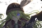  &gt;:( black_gloves blonde_hair blue_eyes closed_mouth collared_shirt colored_eyelashes commentary frown gloves glowing glowing_eyes green_shirt hair_over_one_eye hat_feather head_tilt highres hikari_niji holding long_hair looking_at_viewer lyza made_in_abyss mining_helmet pickaxe shirt solo upper_body v-shaped_eyebrows whistle white_background wing_collar 