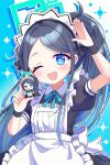 1girl ;d antenna_hair apron aqua_background aqua_halo aris_(blue_archive) aris_(maid)_(blue_archive) arm_up back_bow black_dress black_hair black_wrist_cuffs blue_archive blue_eyes blue_ribbon blush borrowed_clothes bow bright_pupils character_doll chinese_commentary collared_dress commentary_request contrast_collar doll dress drop_shadow forehead frilled_apron frilled_dress frills halftone halftone_background halo hand_up highres holding holding_doll long_hair long_sidelocks looking_at_viewer lossy-lossless maid maid_apron maid_headdress making-of_available miomio1568315 neck_ribbon official_alternate_costume official_alternate_hairstyle one_eye_closed open_mouth outline ponytail puffy_short_sleeves puffy_sleeves rectangular_halo ribbon ringed_eyes salute short_sleeves sidelocks smile solo teeth two-tone_background upper_body upper_teeth_only very_long_hair video_crop white_apron white_background white_headdress white_outline white_pupils wrist_cuffs 