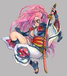  amputee baiken belt breasts cleavage drawing_sword eyepatch facial_mark facial_tattoo grey_background guilty_gear guilty_gear_xrd hitsuki_(hiidukii) holding holding_sword holding_weapon japanese_clothes kimono large_breasts long_hair missing_eye obi one-eyed pink_eyes pink_hair ponytail red_eyes sash scar scar_across_eye sheath simple_background solo sword tattoo torn_clothes unsheathing weapon 