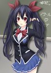  :d alternate_costume black_hair blush bow chalkboard hair_lift hair_ribbon hand_up highres long_hair looking_at_viewer neptune_(series) noire open_mouth red_eyes ribbon school_uniform smile solo twintails weresdrim 