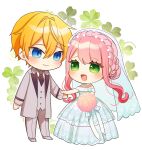  akimoto_aki arthur_(kikaijikake_no_marie) blonde_hair blue_eyes bouquet braid bridal_veil chibi clover dress four-leaf_clover green_eyes holding holding_bouquet holding_hands kikaijikake_no_marie marie_(kikaijikake_no_marie) necktie pink_hair suit veil wedding wedding_dress 