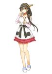  alternate_costume apron black_hair commentary cosplay hair_between_eyes hair_ornament hair_over_shoulder hairclip haruna_(kantai_collection) headgear kantai_collection kongou_(kantai_collection) kongou_(kantai_collection)_(cosplay) kyougoku_touya long_hair looking_at_viewer orange_eyes simple_background sleeveless slippers solo white_background 