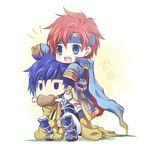  armor axe blue_armor blue_eyes blue_hair cape chibi cosplay durandal_(fire_emblem) eliwood_(fire_emblem) eliwood_(fire_emblem)_(cosplay) fire_emblem fire_emblem:_fuuin_no_tsurugi fire_emblem:_rekka_no_ken fire_emblem:_souen_no_kiseki fire_emblem_heroes gloves greil greil_(cosplay) headband highres holding holding_weapon ike male_focus multiple_boys red_hair roy_(fire_emblem) shirayuki_shion short_hair smile sword weapon 