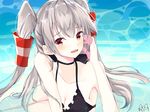 amatsukaze_(kantai_collection) armpits artist_logo bikini black_bikini blush breasts brown_eyes choker cleavage collarbone hair_tubes hand_on_own_cheek kantai_collection long_hair looking_at_viewer lying on_side open_mouth pale_skin seana silver_hair small_breasts solo swimsuit two_side_up water 